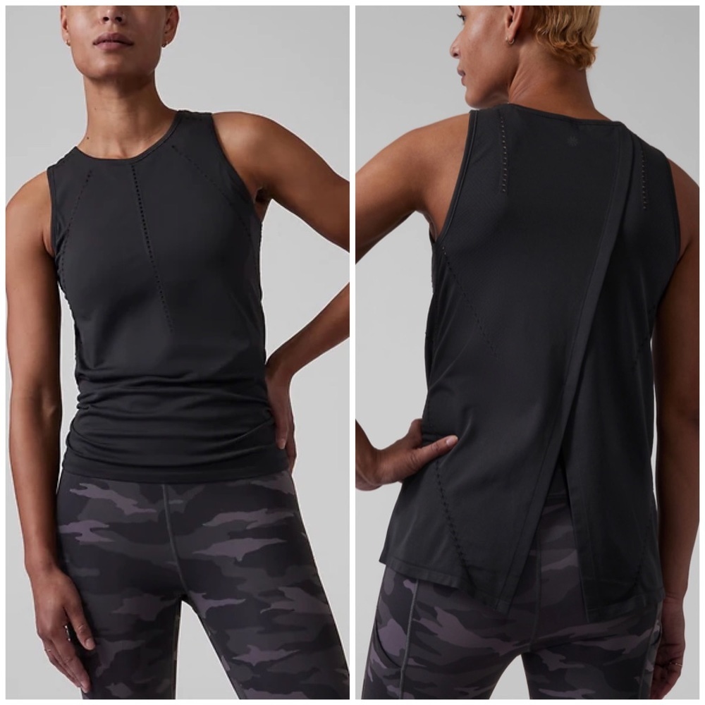Athleta Foothill Tank Small Black Open Back Tie Back fitted Workout Yoga